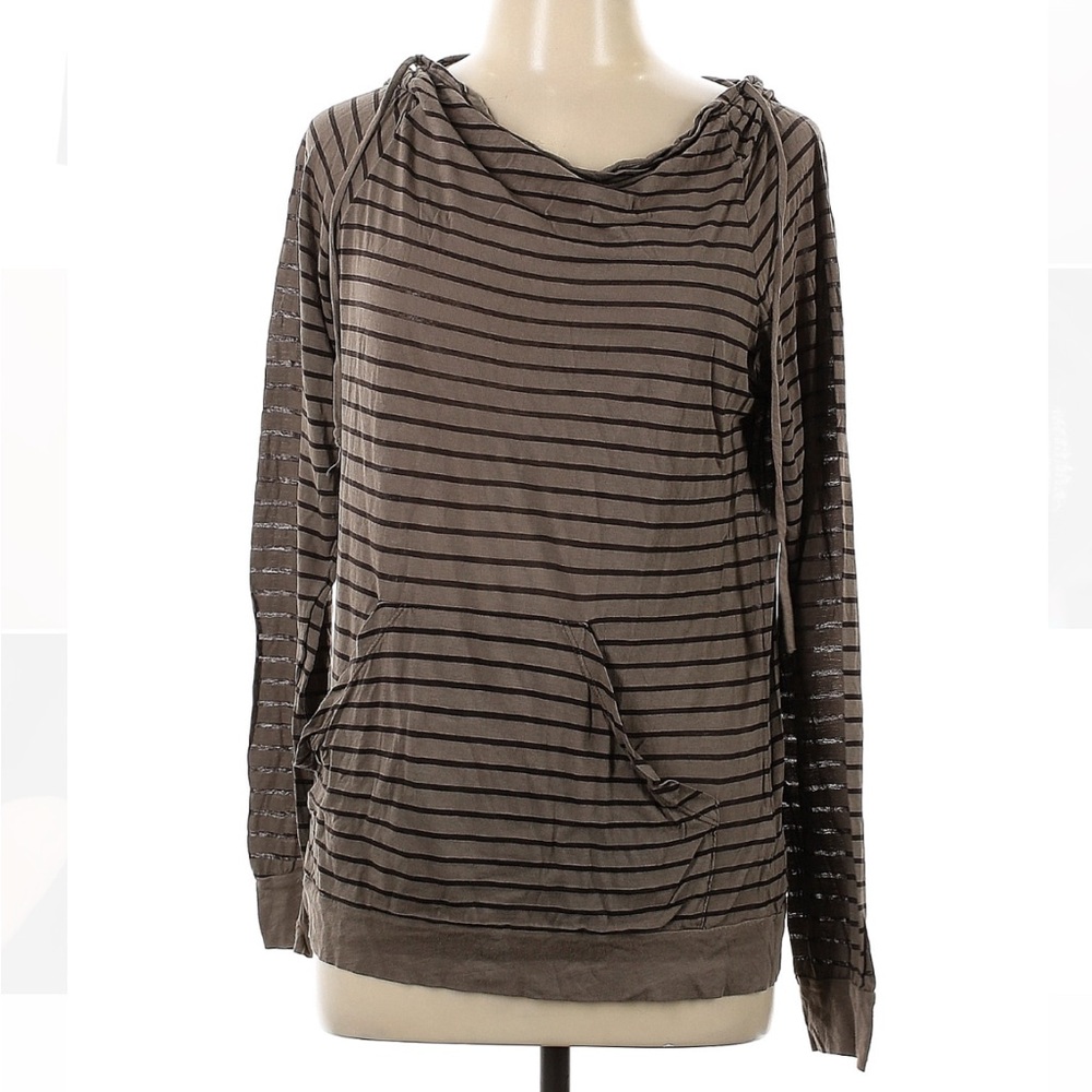 Three Dots Brown Striped Hooded Long Sleeve Shirt Large Supima Cotton